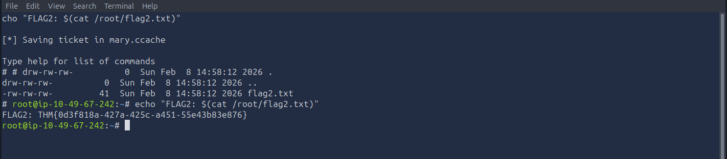 getTGT saving mary.ccache, then an SMB session opened with -k -no-pass listing flag2.txt in SHARE2