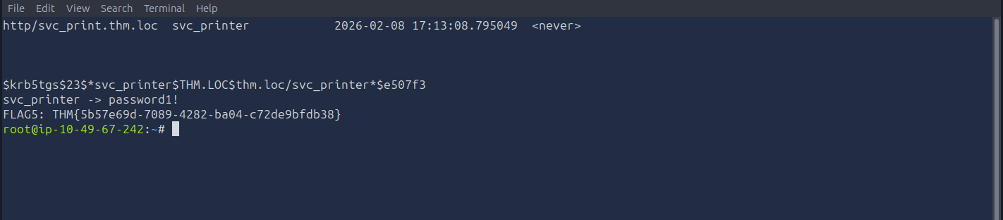GetUserSPNs returning the svc_printer SPN and the cracked TGS hash giving password1!, with flag 5
