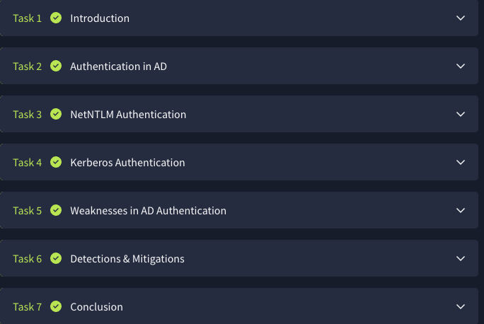 All seven tasks of Intro to AD Authentication marked complete on TryHackMe