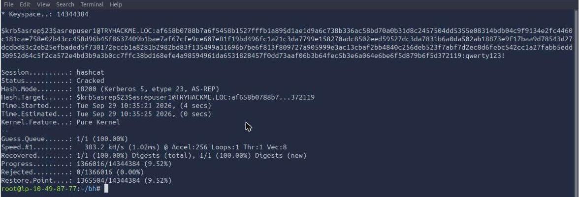 hashcat mode 18200 reporting Status Cracked for the asrepuser1 AS-REP hash after four seconds against rockyou.txt