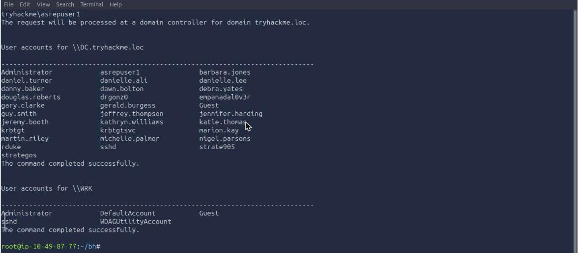 net user /domain listing 31 domain accounts on DC.tryhackme.loc and net user listing five built-in local accounts on WRK