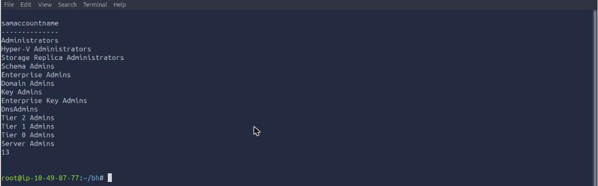 PowerView Get-DomainGroup with an admin wildcard returning 13 group names including Tier 0, Tier 1 and Tier 2 Admins and DnsAdmins