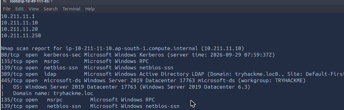 fping host sweep and nmap service scan output showing four live hosts and the AD ports open on the domain controller