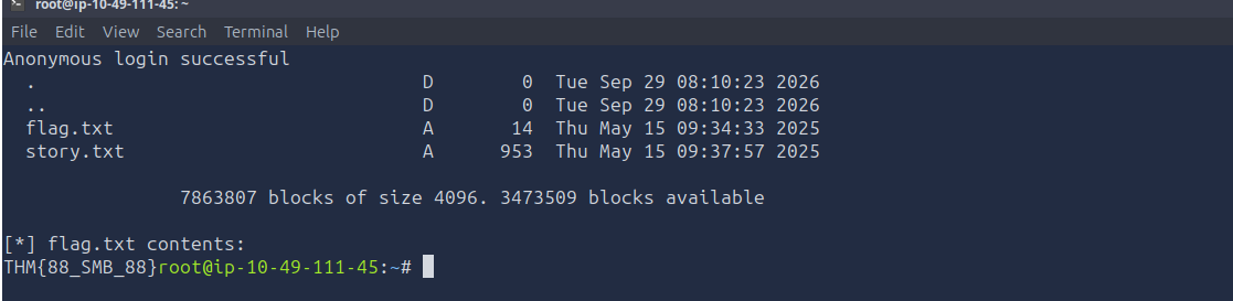 smbclient listing of the UserBackups share and the contents of flag.txt showing the room flag