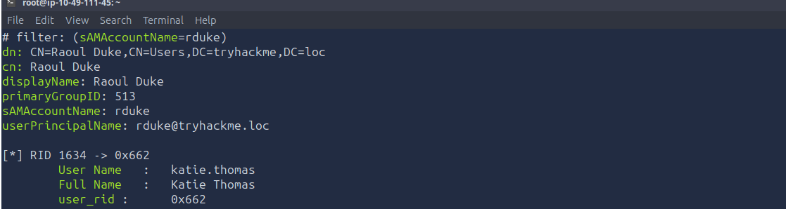 ldapsearch output for rduke showing Raoul Duke and primaryGroupID 513, plus rpcclient queryuser 0x662 resolving to katie.thomas