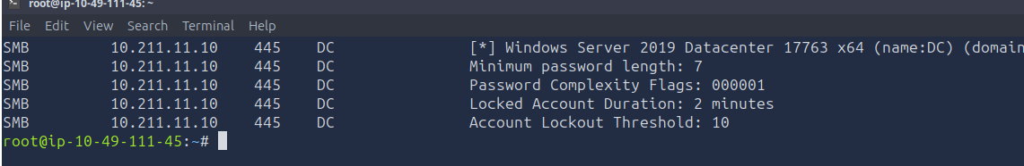 CrackMapExec password policy output showing minimum password length 7, locked account duration 2 minutes and lockout threshold 10