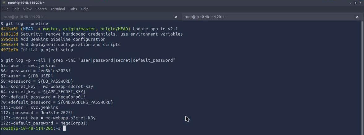 git log &ndash;oneline showing five commits, and the diff grep revealing user = svc.jenkins, password = Jen5k1ns2025!, secret_key = mc-webapp-s3cret-k3y and default_password = MegaCorp01!