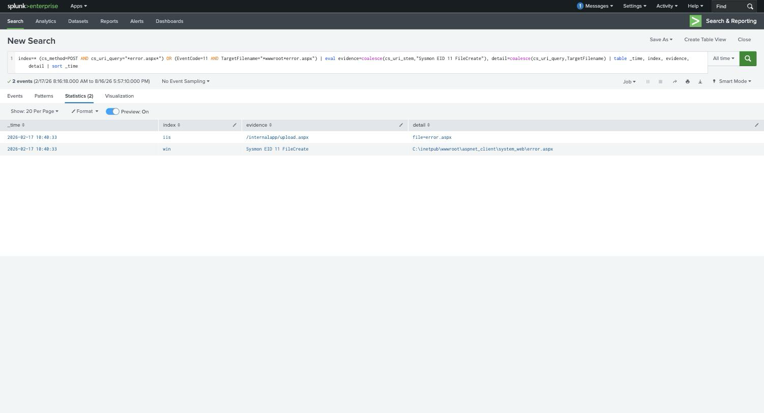 Splunk correlating the IIS POST to /internalapp/upload.aspx with the Sysmon FileCreate of error.aspx, both at 10:40:33