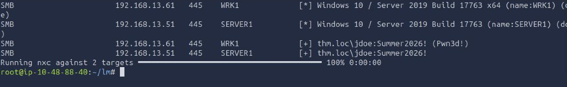 NetExec SMB output showing jdoe valid on both hosts but only WRK1 marked Pwn3d, meaning local admin