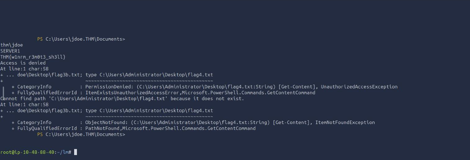 Evil-WinRM PowerShell session on SERVER1 as thm jdoe, reading flag3b successfully and being denied on the Administrator Desktop