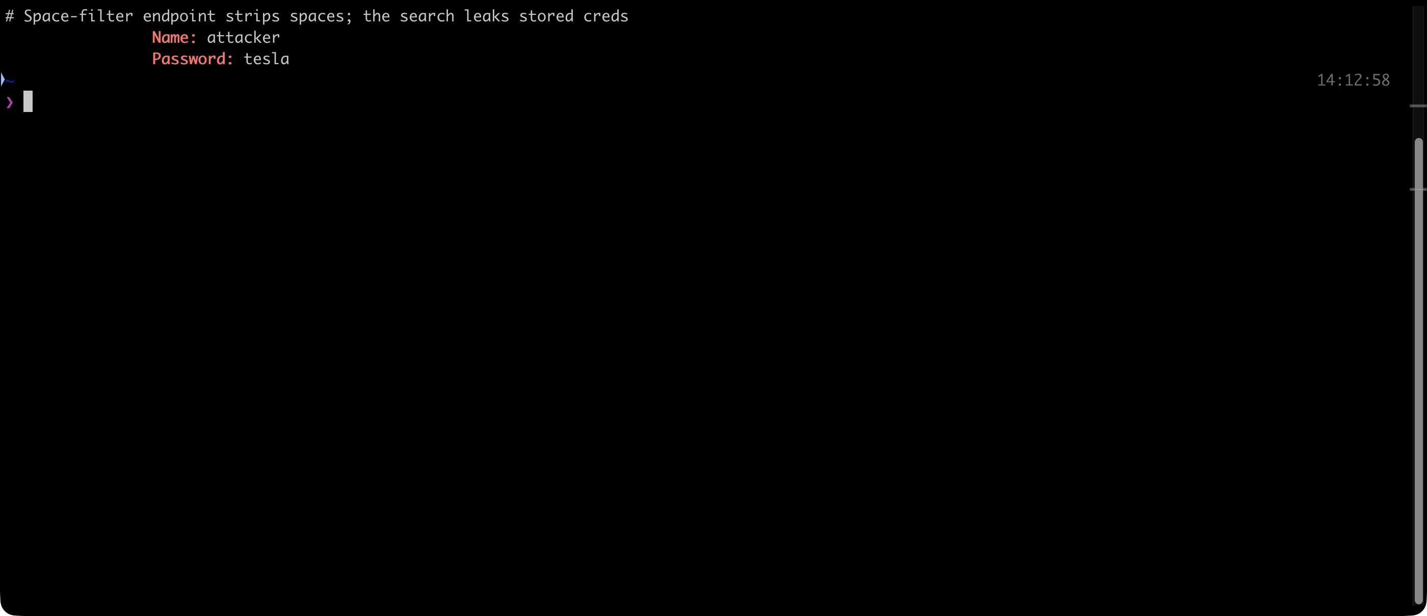 Space-filter endpoint: the user search reflects the stored attacker credential