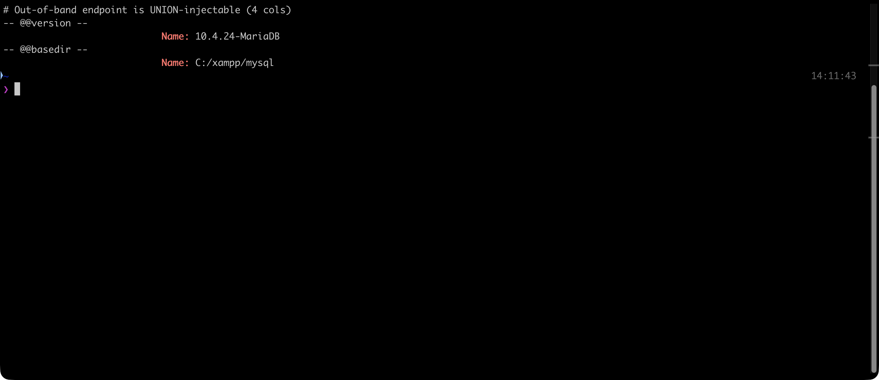 Out-of-band endpoint UNION-injected to read @@version and @@basedir