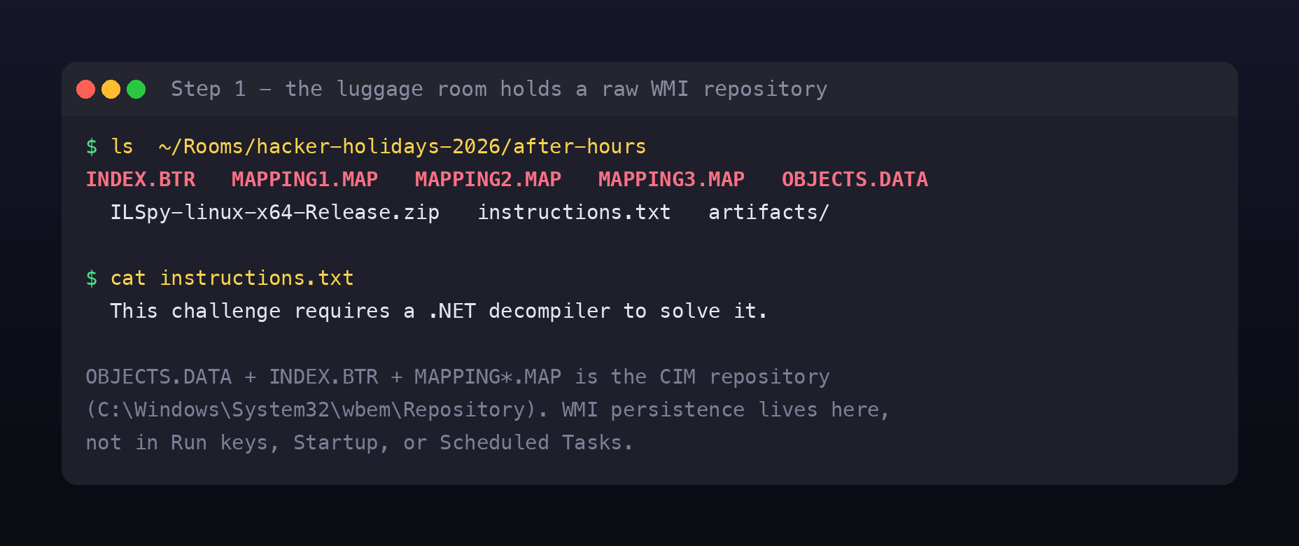 Listing the after-hours directory showing INDEX.BTR, MAPPING1-3.MAP, OBJECTS.DATA, ILSpy, and an instructions.txt that says the challenge requires a .NET decompiler