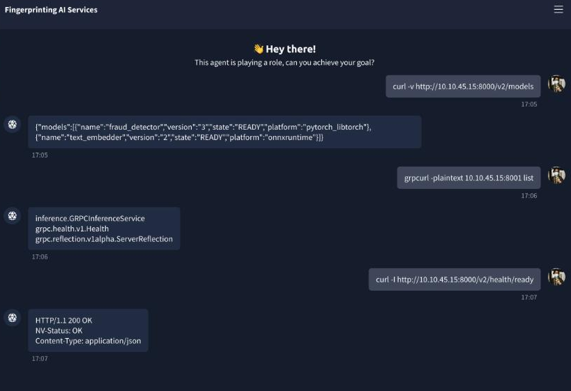 The Cyphira Service Prober agent showing three real fingerprint probes: curl to /v2/models returning platform pytorch_libtorch and onnxruntime, grpcurl reflection listing inference.GRPCInferenceService, and a curl -I showing the NV-Status OK header