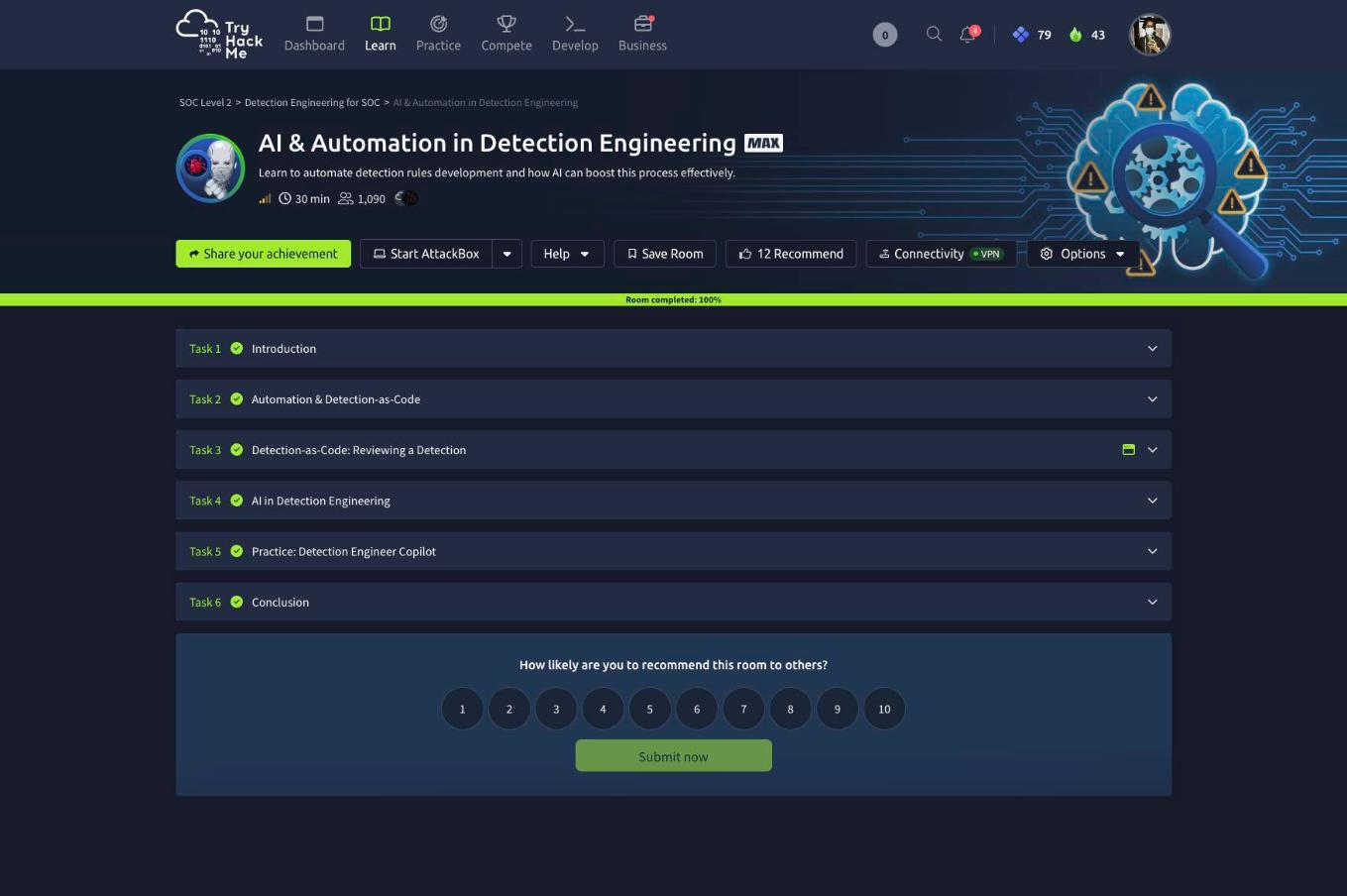 TryHackMe AI & Automation in Detection Engineering at 100%, all six tasks complete