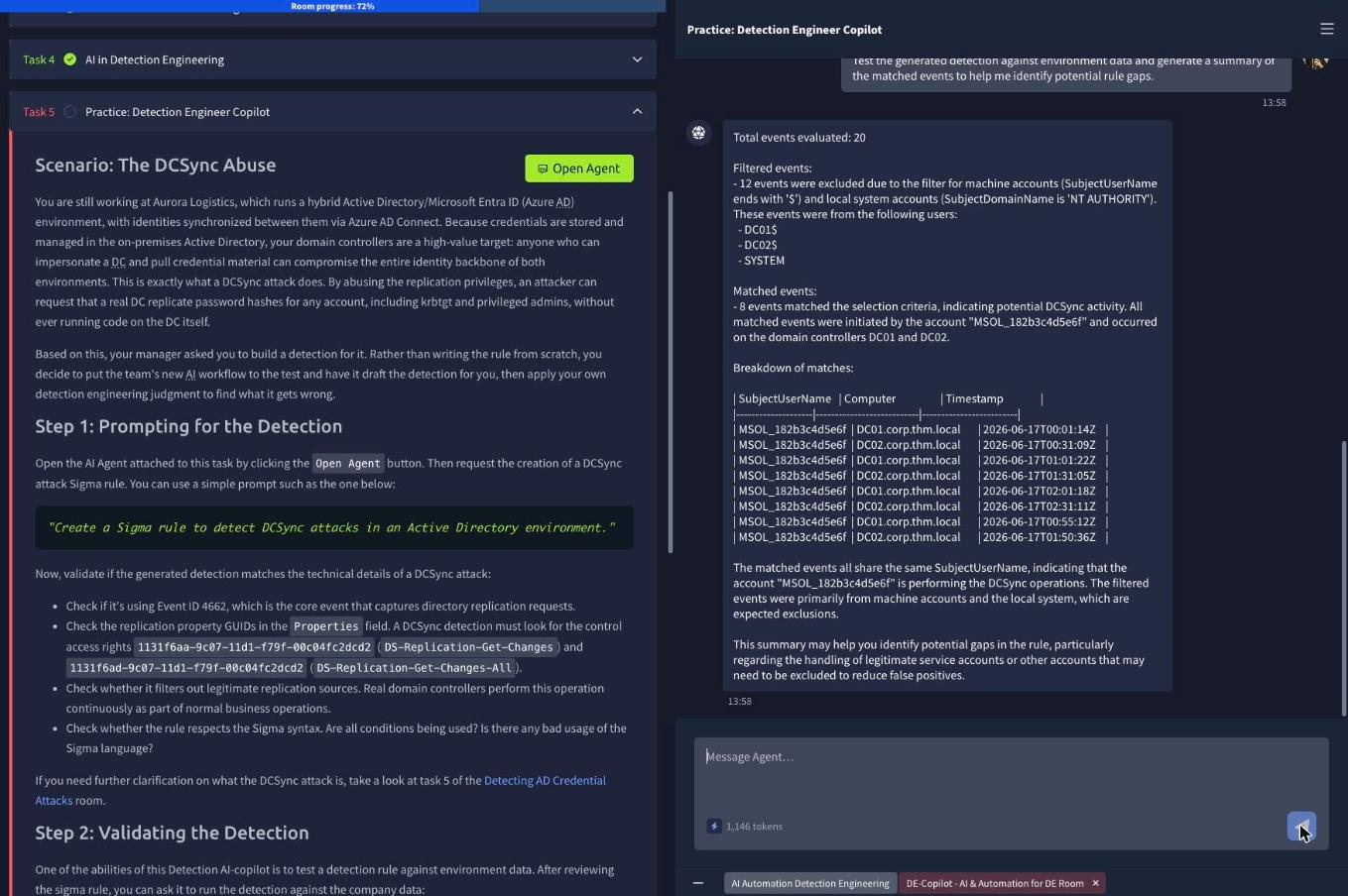 Agent test results: 8 events matched, all from the account MSOL_182b3c4d5e6f on DC01 and DC02