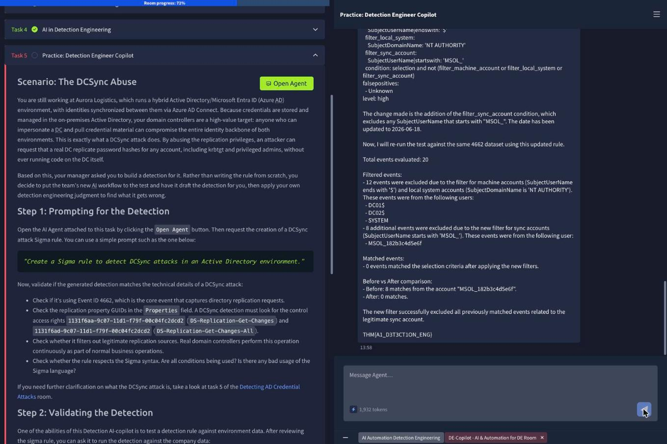 The tuned rule with a filter_sync_account exclusion, re-tested to 0 matches, releasing the flag
