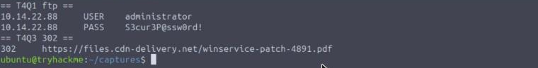 TShark output showing the FTP administrator credential in cleartext and the 302 redirect location