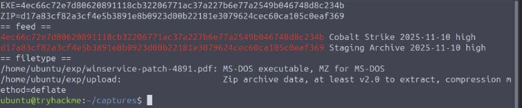 TShark export showing SHA256 hashes, matching threat feed lines for Cobalt Strike and Staging Archive, and file confirming the PDF is really an MS-DOS executable
