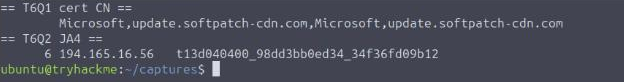TShark output showing the certificate subject CN update.softpatch-cdn.com issued by Microsoft, and six Client Hellos all producing the same JA4 fingerprint