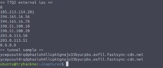 Output of extract_iocs.sh listing eight external IPs and a sample DNS tunnel query under exfil.fastsync-cdn.net