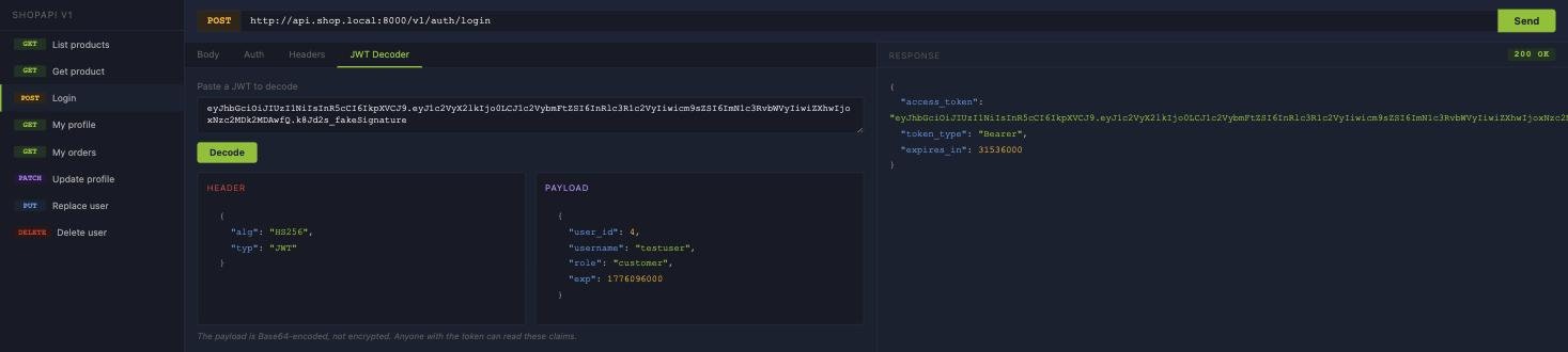 JWT decoder showing the ShopAPI login token split into header and payload, with the payload claims user_id 4, username testuser and role customer