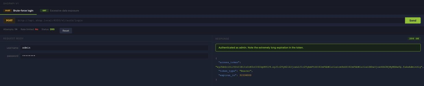 ShopAPI brute-force login tab after 14 attempts, showing Rate limited: No, Status 200 and an admin access token in the response