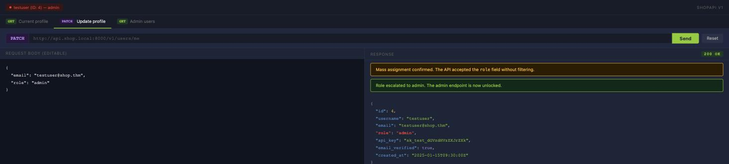 Mass assignment lab showing a PATCH to /v1/users/me with role admin in the body, returning 200 OK with role admin and a banner confirming the API accepted the role field without filtering