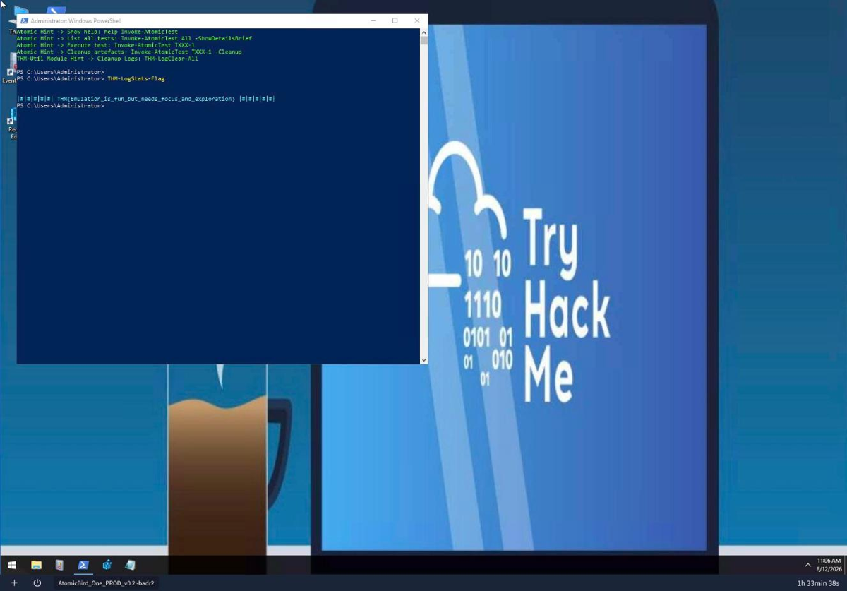 The live AtomicBird VM desktop with the custom PowerShell profile open, showing the Atomic Red Team hints and THM-Utils commands