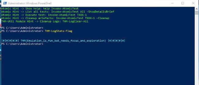 Real screenshot of the AtomicBird PowerShell session running THM-LogStats-Flag and returning the Task 3 flag