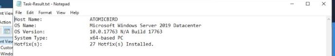 Real screenshot of Task-Result.txt opened on the AtomicBird VM showing OS Version 10.0.17763 N/A Build 17763