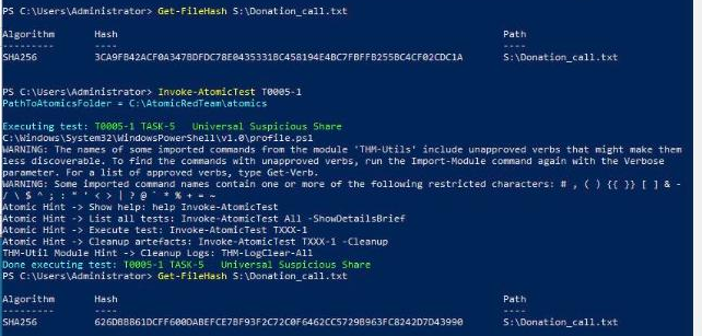 Real screenshot of the AtomicBird PowerShell session: Get-FileHash on S:\\Donation_call.txt before and after Invoke-AtomicTest T0005-1, showing the SHA256 change