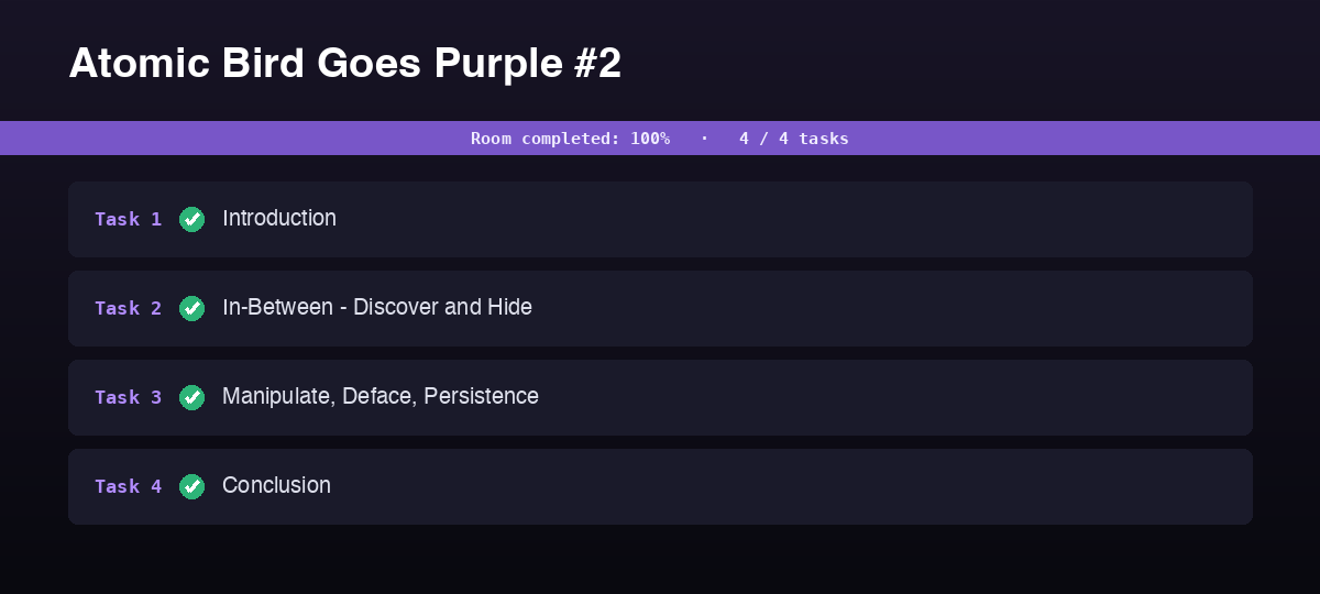 Atomic Bird Goes Purple #2 room panel: all four tasks complete at 100 percent