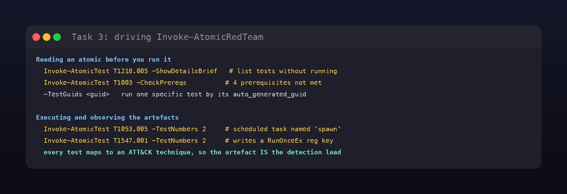 Terminal card of the Invoke-AtomicRedTeam workflow: ShowDetailsBrief and CheckPrereqs to inspect a test, TestGuids to run one by GUID, and the artefacts each test leaves behind