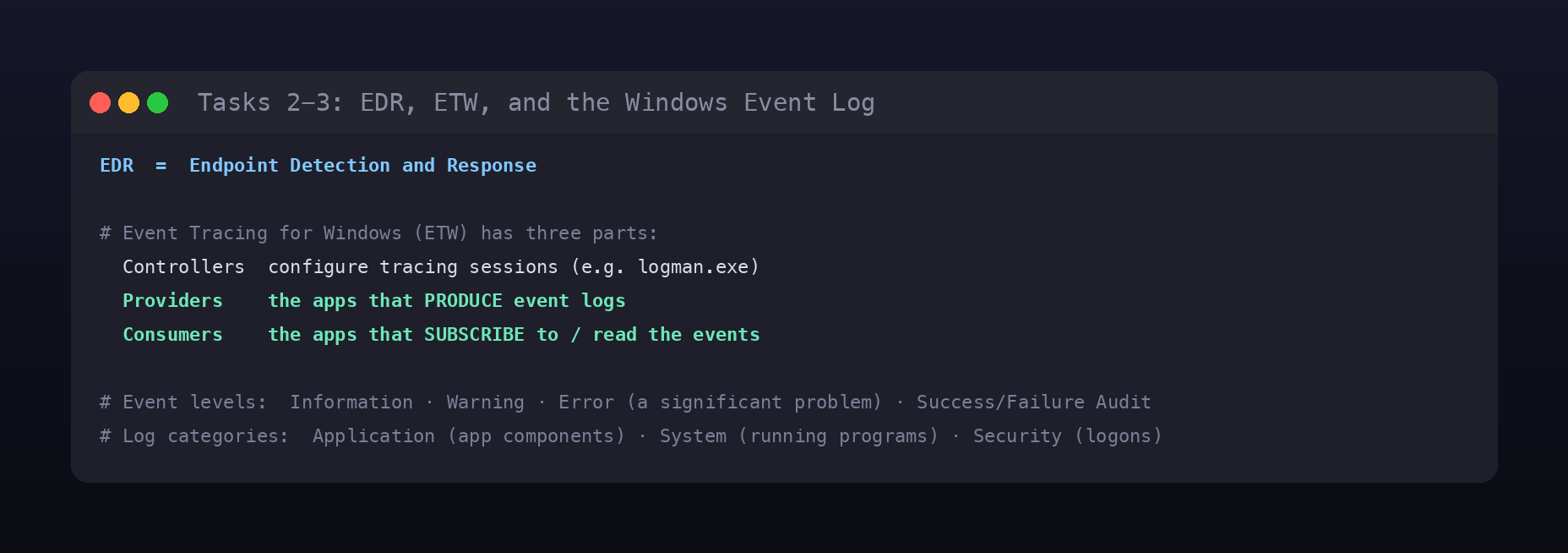 Terminal card of the ETW and Event Log concepts: EDR definition, the ETW controllers/providers/consumers, event levels, and log categories
