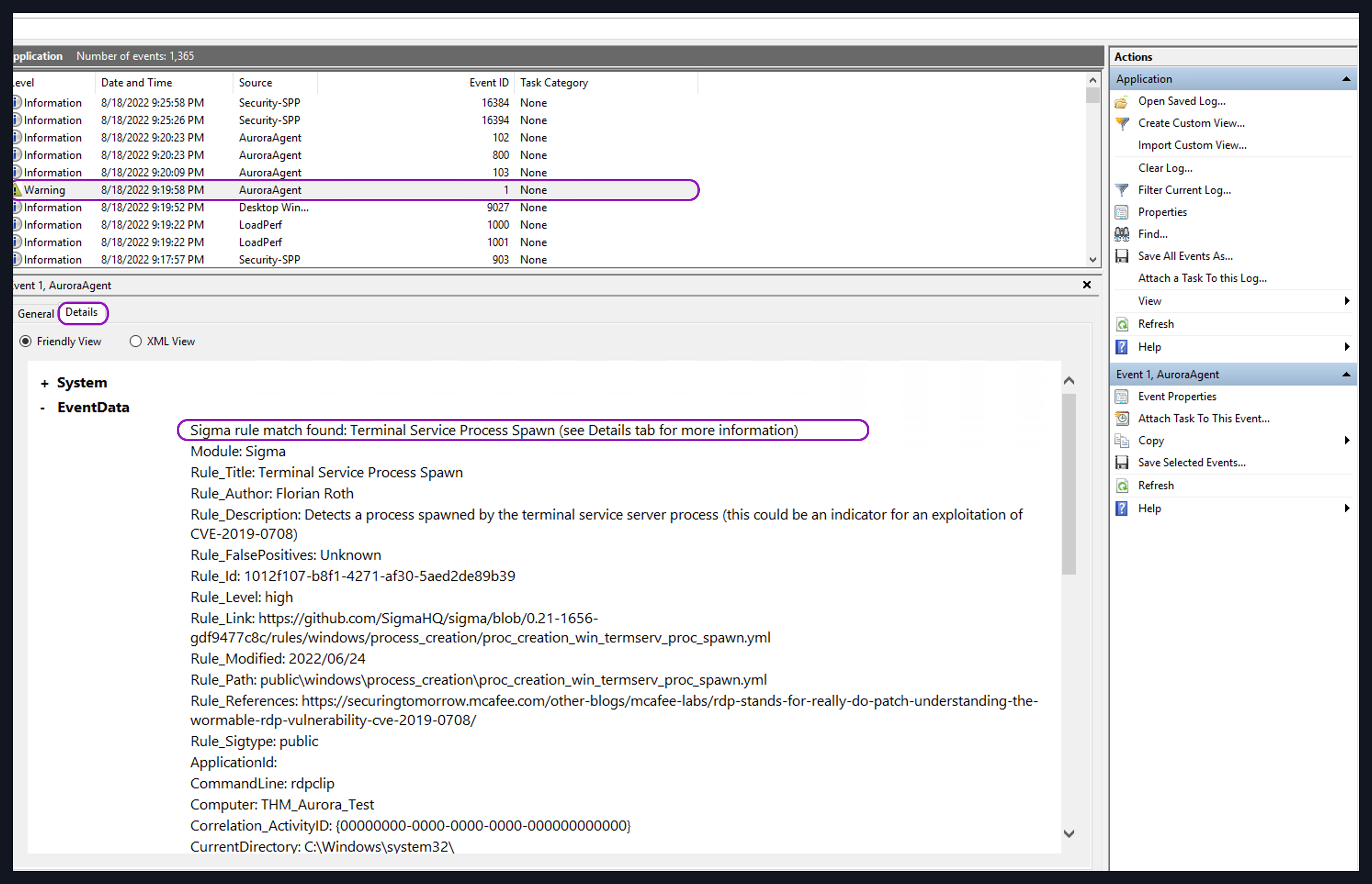 Windows Event Viewer showing an AuroraAgent Event ID 1 with the Sigma rule match details: Rule_Title, Rule_Id, and Rule_Level