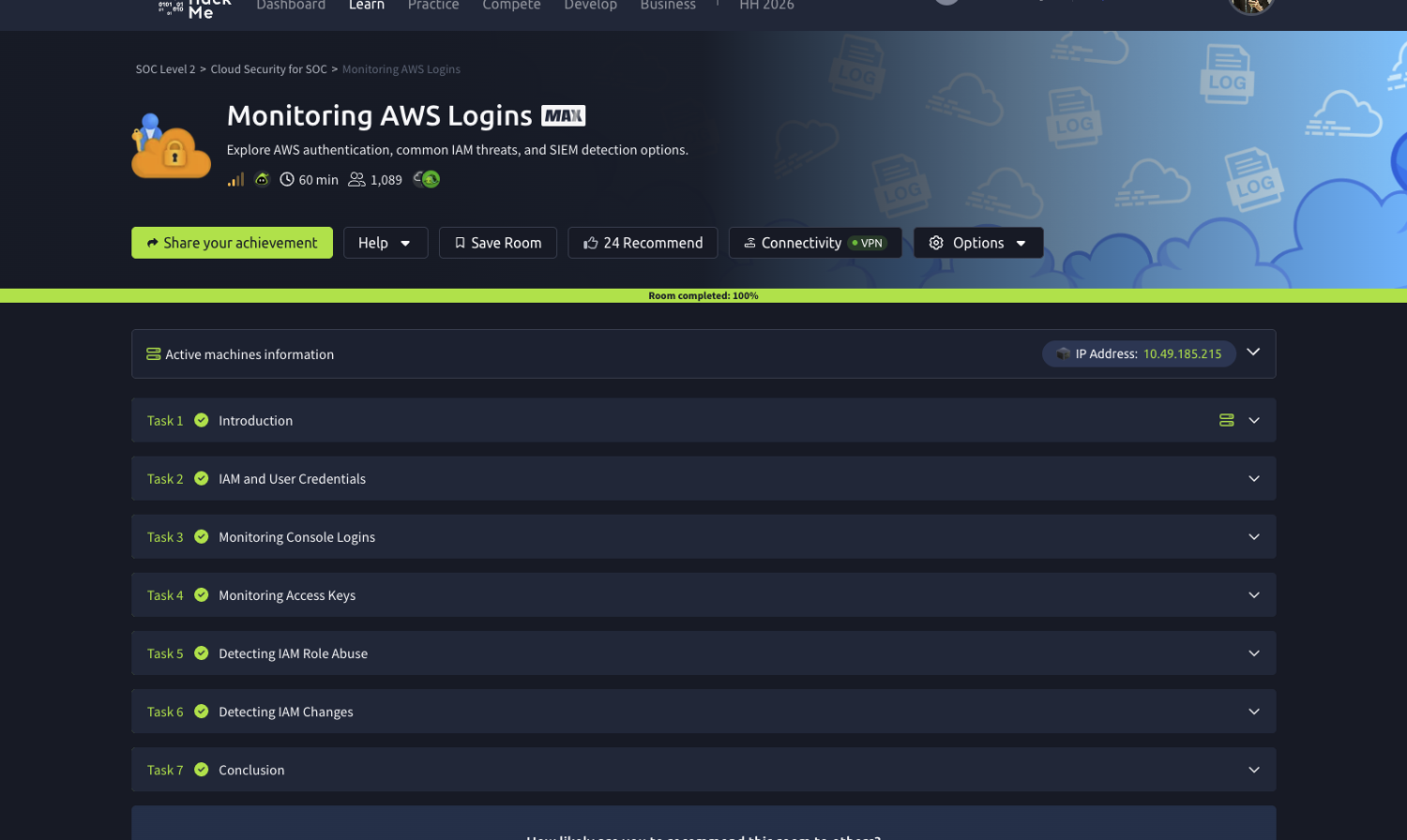TryHackMe Monitoring AWS Logins at 100%, all seven tasks complete