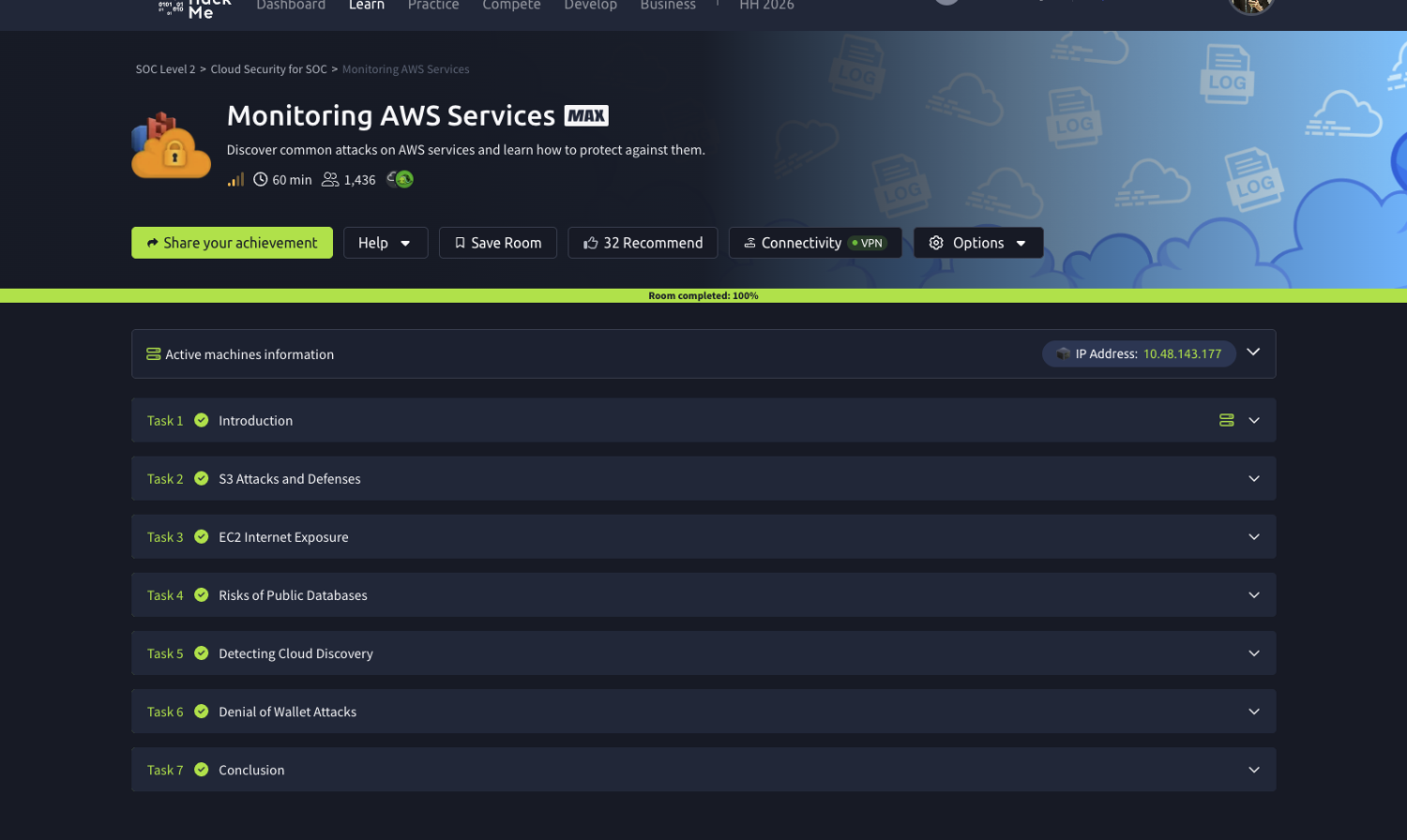 TryHackMe Monitoring AWS Services at 100%, all seven tasks complete